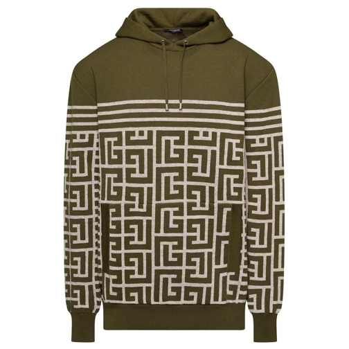 Balmain Military Green Hoodie With Monogram And Stripes In Green 