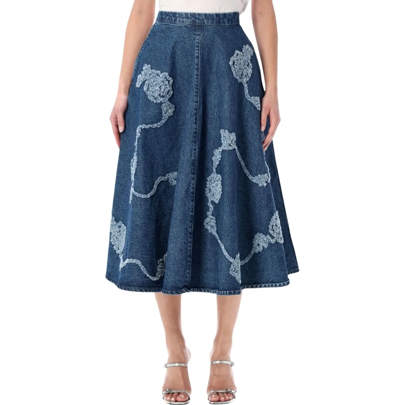 Rotate Midirok Floral Denim Midi Skirt Blue