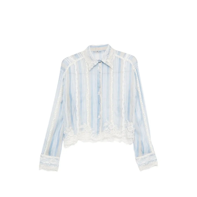 Ermanno Scervino Overhemd Light Blue Silk Shirt With Lace Trimmings White