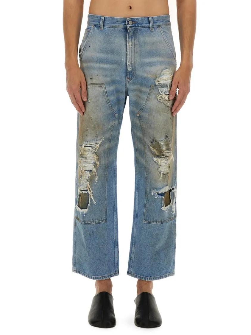 Thumbnail - MM6 Maison Margiela - Relaxed Fit Distressed Light Blue Denim Jeans - Größe 31 - blau