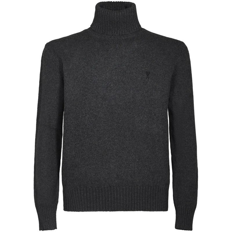 AMI Paris Pull Cashmere Turtleneck Sweater With Ribbed Details Grey