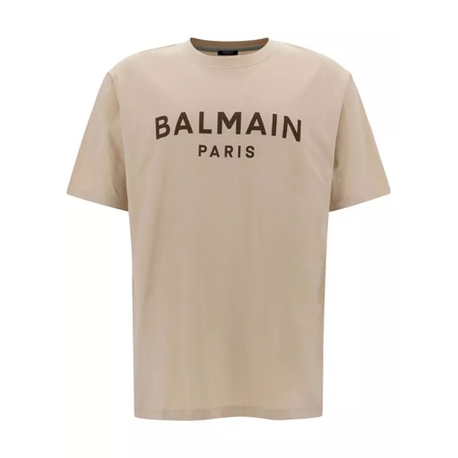 Balmain Beige Crewneck T-Shirt With Logo Lettering Print N Neutrals 