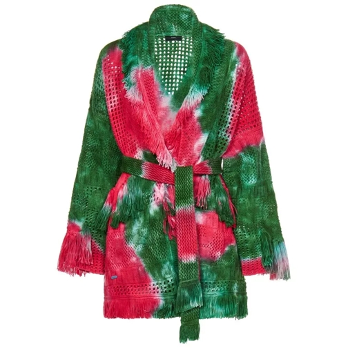 Alanui Stella Pink And Green Virgin Wool Net Cardigan Red Cardigan
