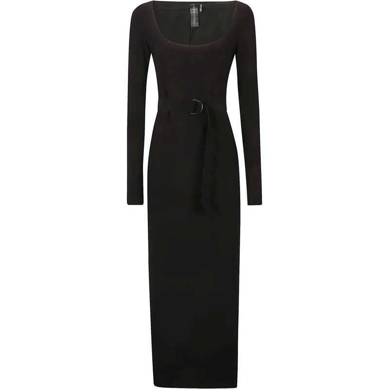 Norma Kamali Midikleid Long Sleeve Deep Scoop Neck Side Slit Dress Black schwarz