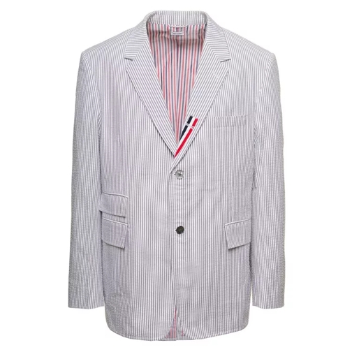 Thom Browne Grey Striped Single Breasted Blazer In Cotton Grey Blazer