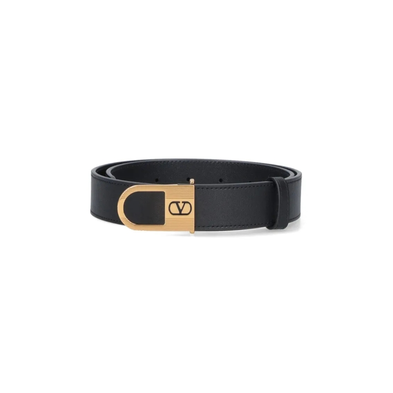 Valentino Garavani Riem Black Belt With Gold-Tone Elongated Oval Buckle Black