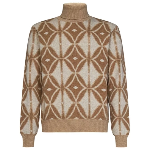 Etro Beige Jacquard Virgin Wool Knit Roll Neck Sweater Brown Pull en laine
