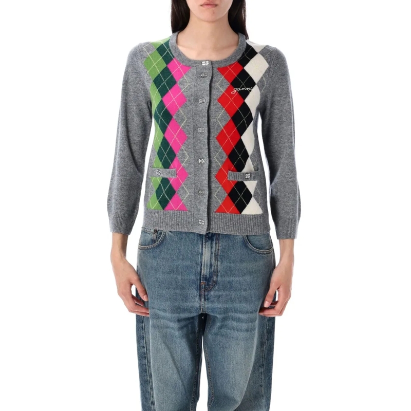 GANNI Strickjacke Checked Cardigan With Ribbed Edges Grey