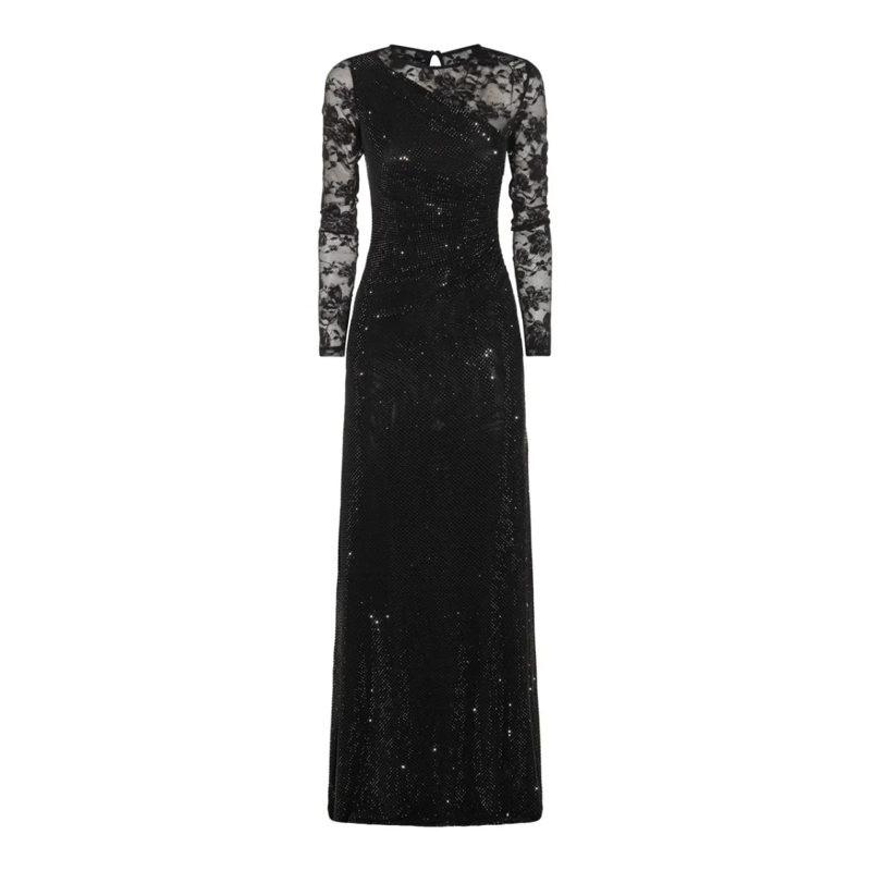 Self Portrait  Lace-Embossed Black Maxi Dress With Rhinestone Acc Black