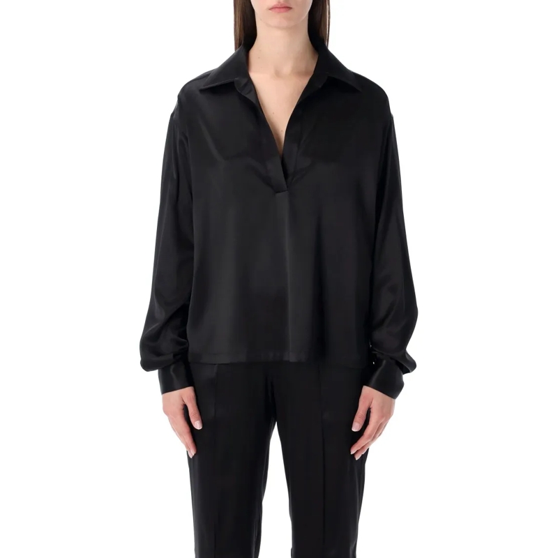 Tom Ford Top met lange mouwen Silk Satin Polo With Open Neckline Black