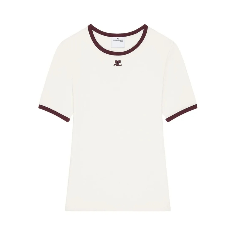 Courrèges T-Shirt White Cotton Crew-Neck Top With Red Trim White