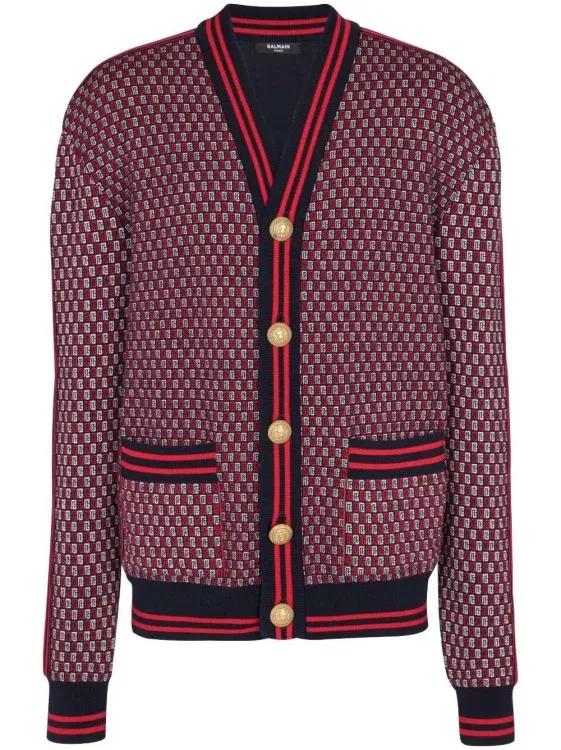 Balmain - Monogram-Print Checked Wool Cardigan - Größe L - rot