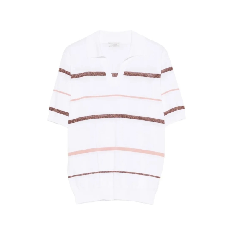 Peserico T-shirt White Short-Sleeved V-Neck Top With Subtle Stripes White
