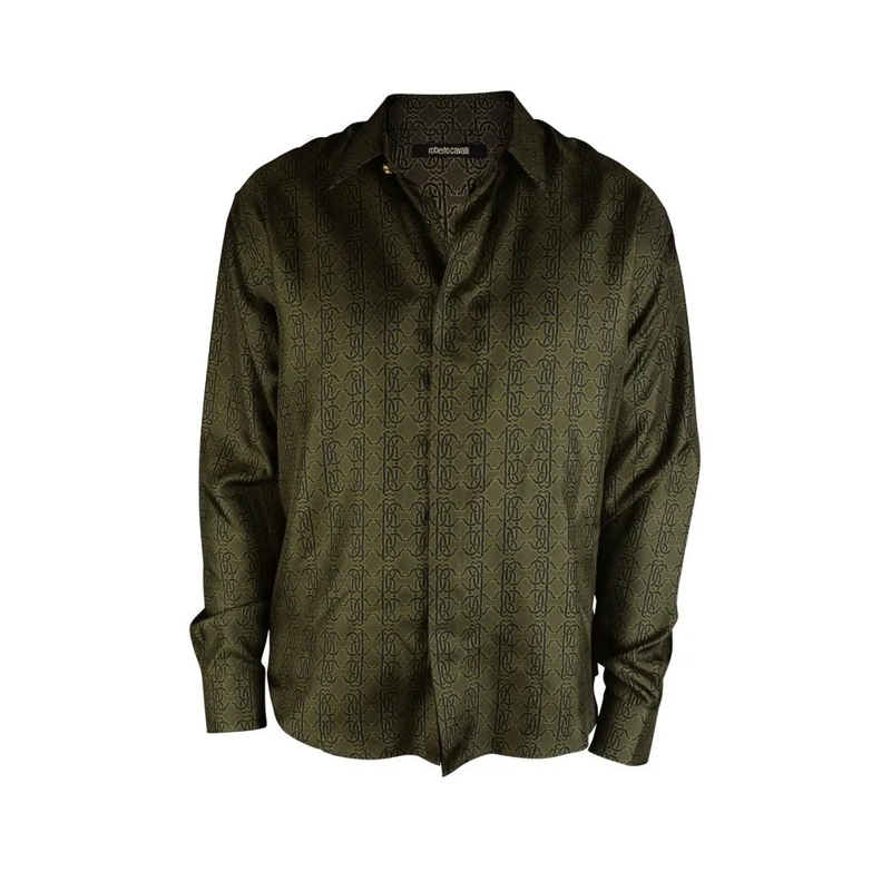 Roberto Cavalli Overhemd Silk Shirt With Monogrammed Rc Print Black