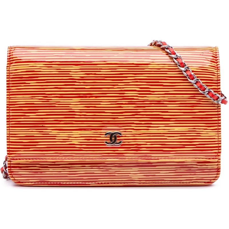 Chanel Schultertasche Patent Striped Wallet On Chain orange