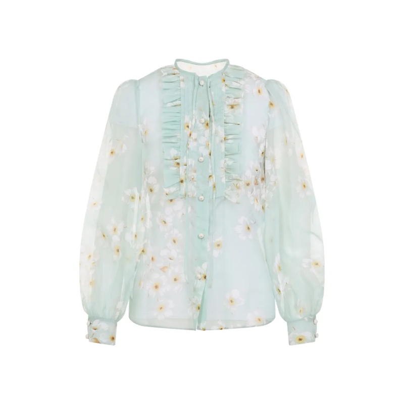 Valentino Garavani Chemisier Ruffled Silk Top Green