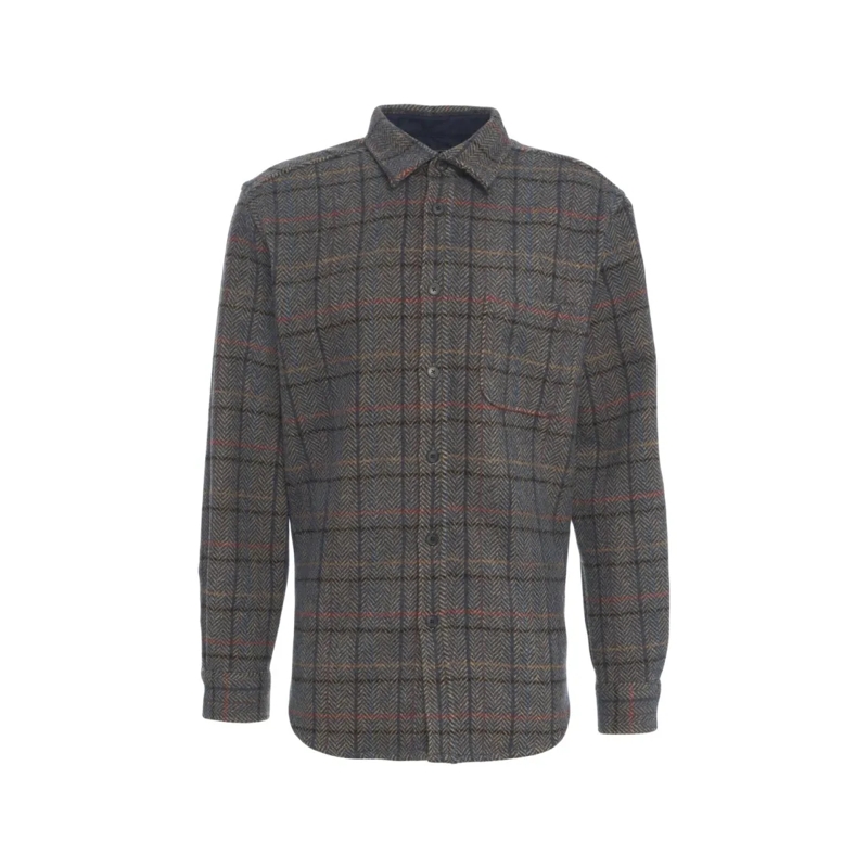 PORTUGUESE FLANNEL  Checkered Wool Overshirt With Structured Collar Grey