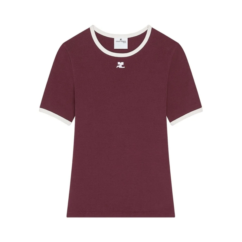 Courrèges T-Shirt Fitted Cotton Top With Contrast Trim Burgundy
