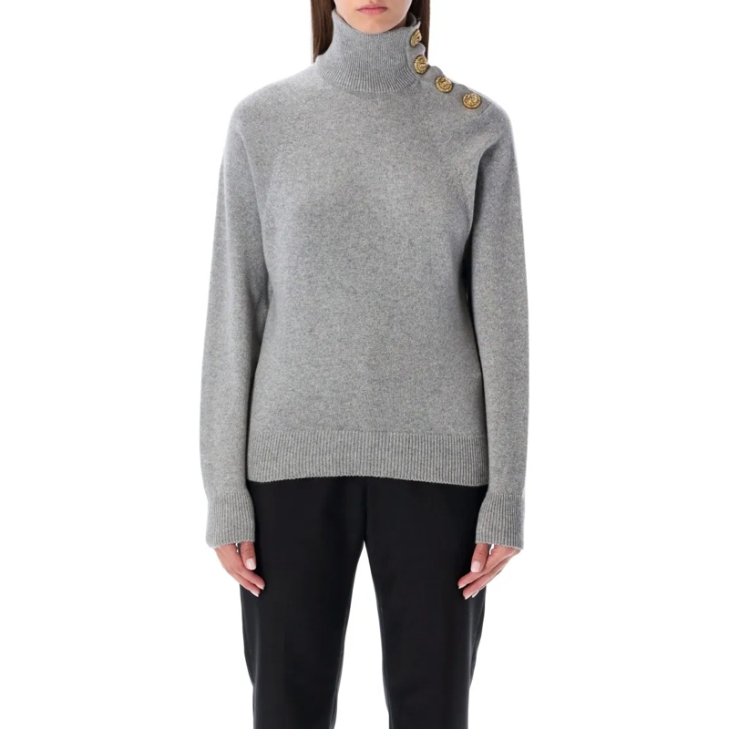 Balmain Trui met col Grey High-Neck Wool Sweater With Gold Buttons Grey