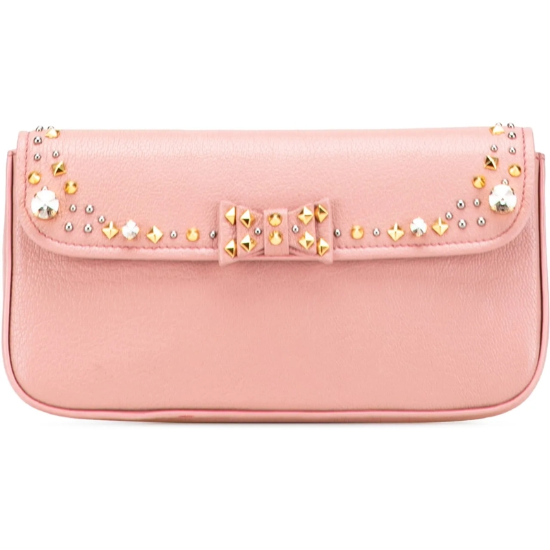 Miu Miu Pochette Goatskin Madras Crystal Studded Clutch rose