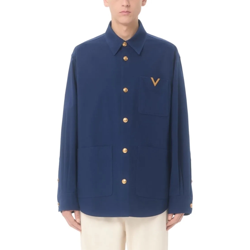 Valentino Garavani Overhemd Navy Blue Shirt With Structured Collar Green