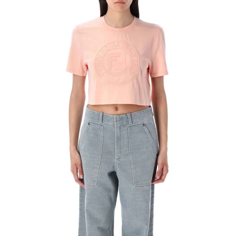 Fendi T-shirt Strawberry Cropped T-Shirt With Ribbed Neckline Pink