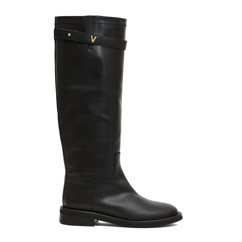 Via Roma 15 Bottes Tall Black Leather Boots With Gold Accent And Rubb Black