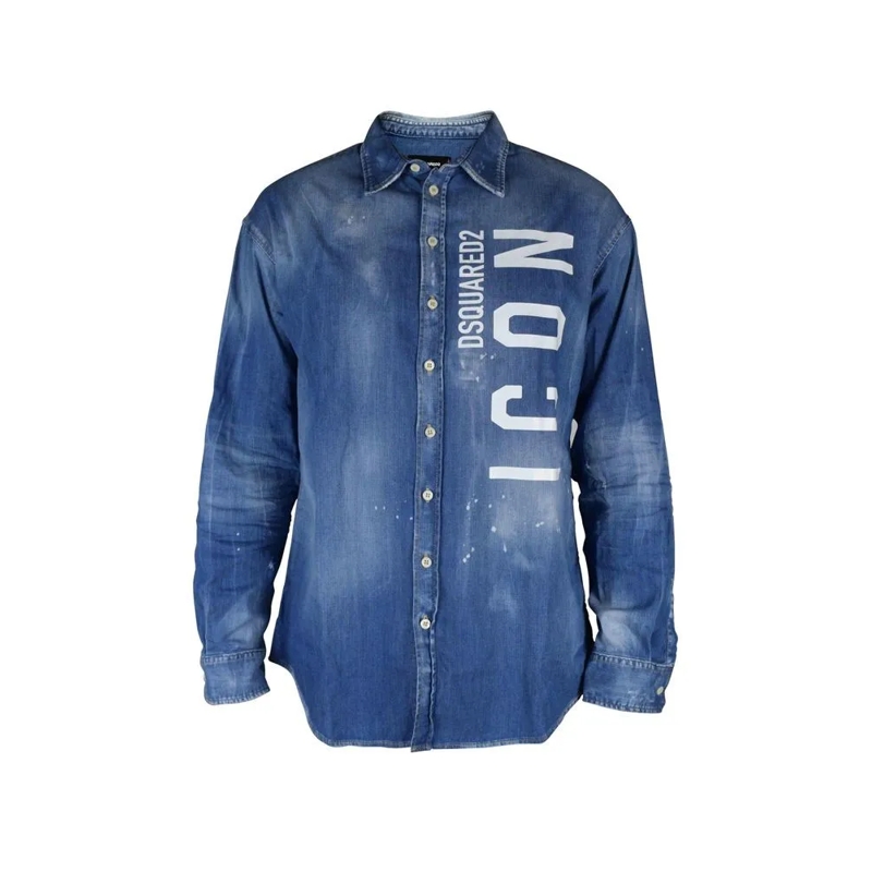 Dsquared2 Hemd Faded Blue Denim Shirt With Iconic Print Blue