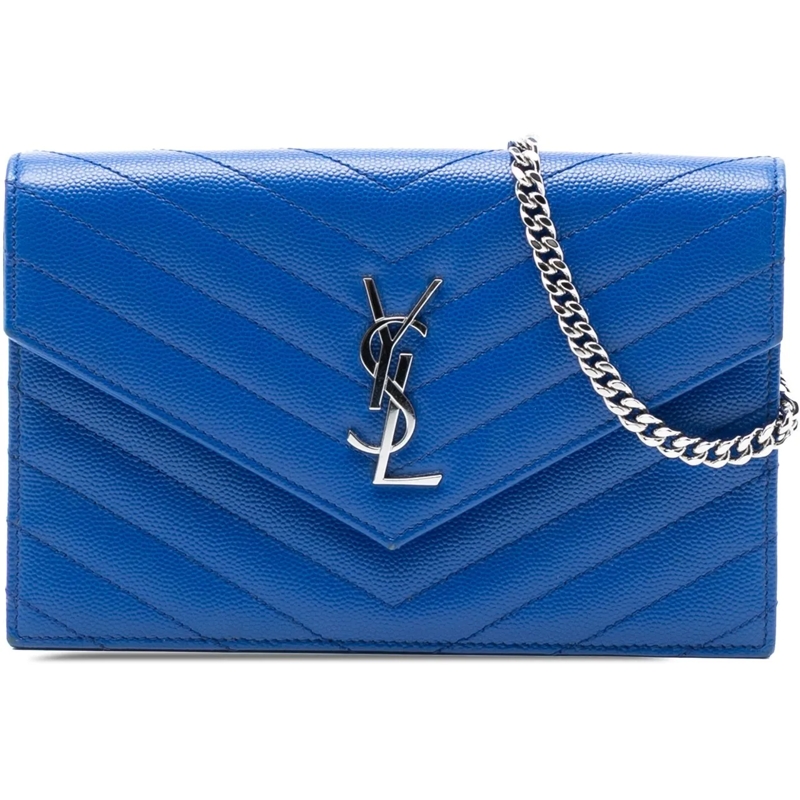 Saint Laurent Schultertasche Grain De Poudre Chevron Monogram Envelope Chain Wa blau