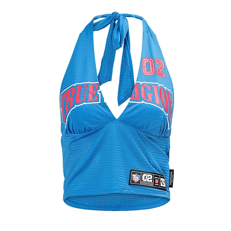 True Religion Top - Mesh-Halter Top- Bedruckt- Transparenten Mitte blau