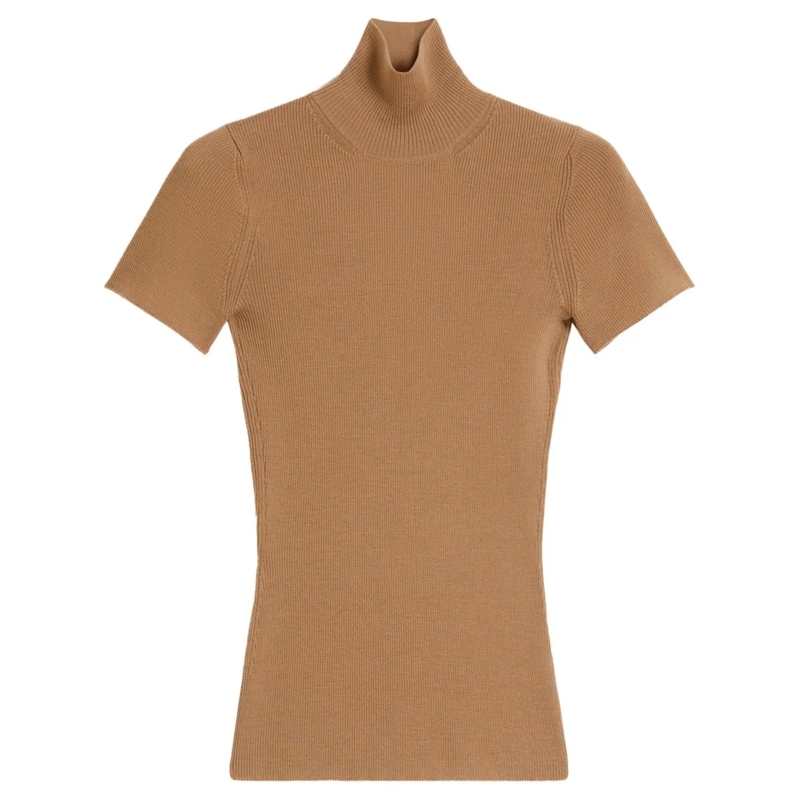 Max Mara Pullover Ribbed Knit Sweater With High Mock Neck Brown