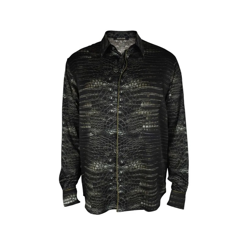 Roberto Cavalli Overhemd Caiman Print Casual Shirt With Cord Piping Black
