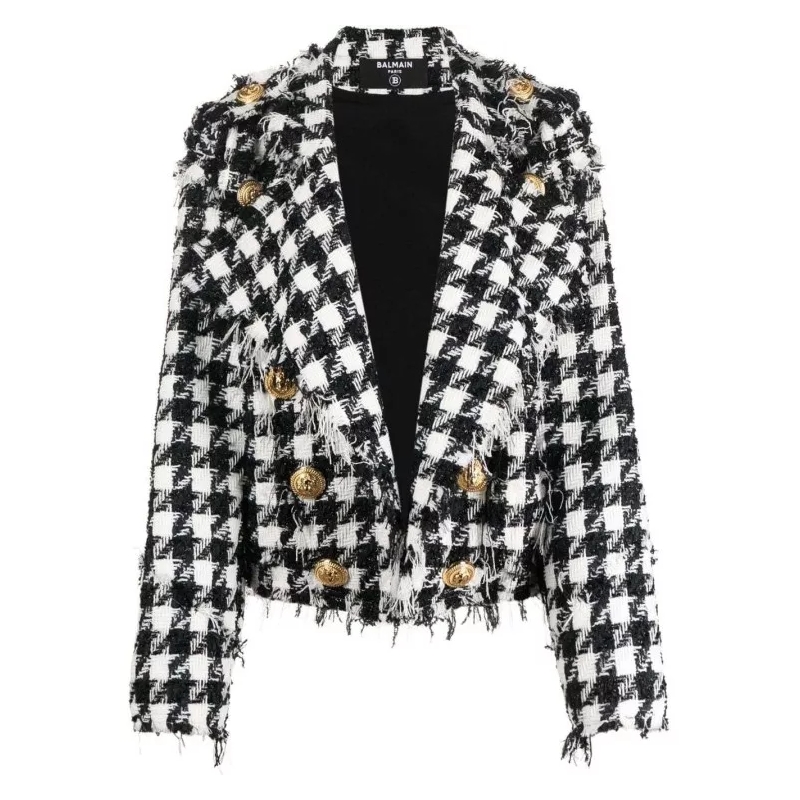 Balmain Blazer Frayed Tweed Jacket Grey