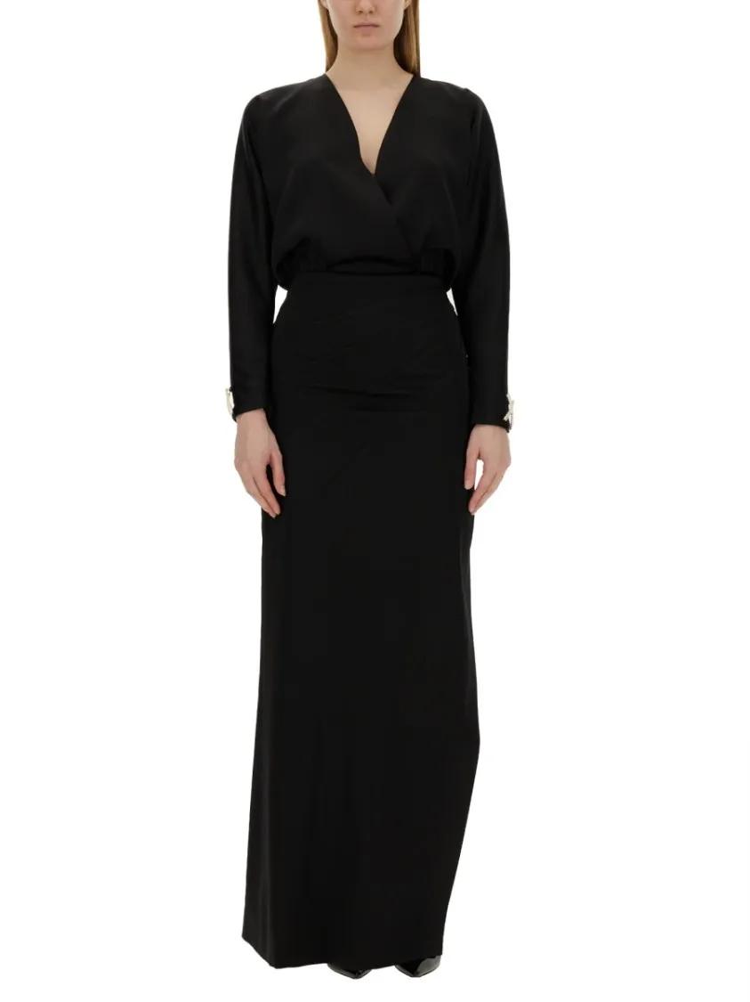 Thumbnail - Genny - Black Long Dress With Deep V-Neckline And High Sli - Größe 40 - schwarz