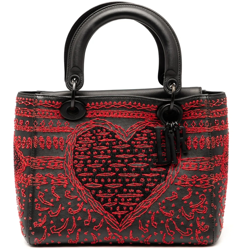 Christian Dior Schultertasche Medium Smooth Calfskin Embroidered Heart Playing C schwarz