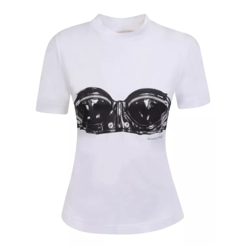 Alexander McQueen Cut-Out Bustier Print White Cotton T-Shirt White Magliette