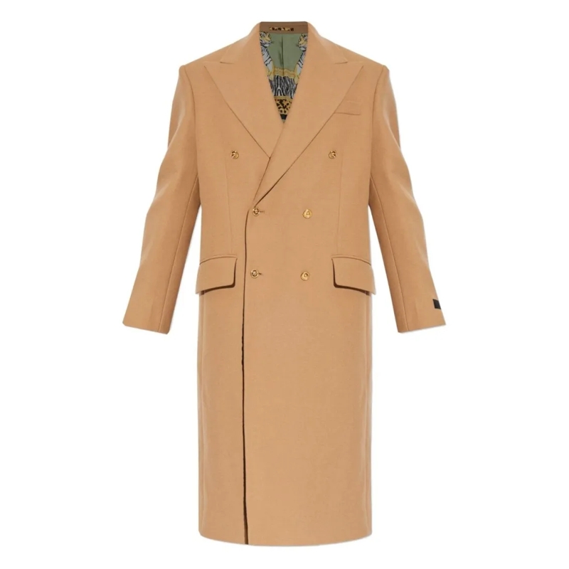 Versace Bontjassen Double-Breasted Beige Wool Blend Coat Neutrals