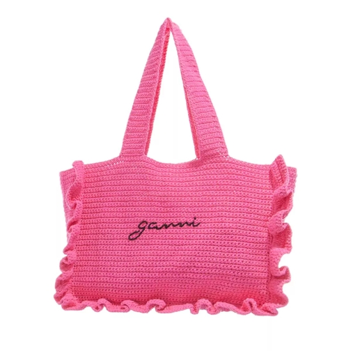 GANNI Cotton Crochet Frill Tote Solid Shocking Pink Shopper