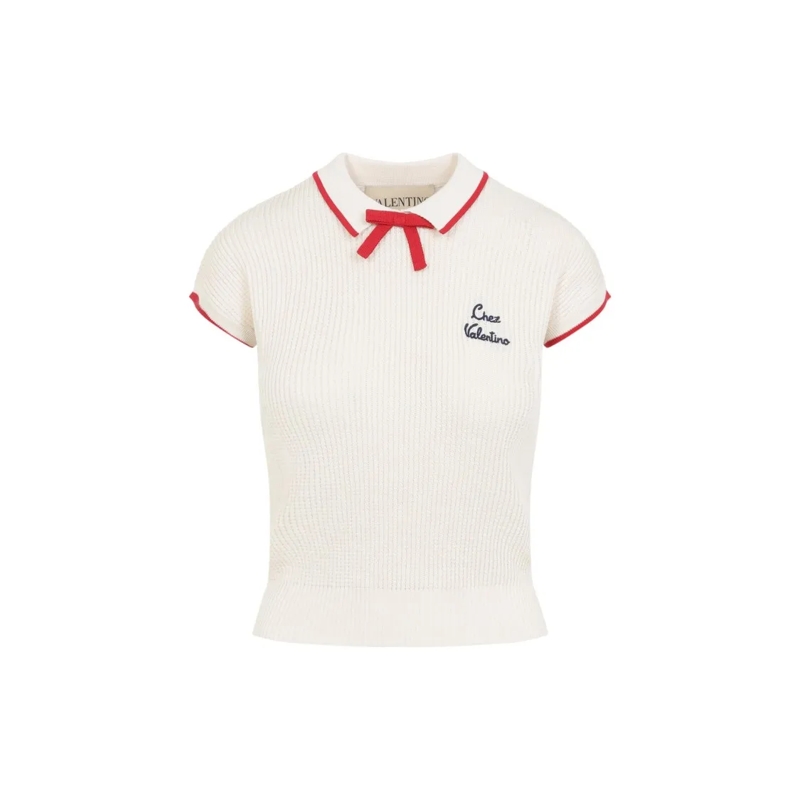 Valentino Garavani Pull Ribbed Knit Sweater With Classic Collar And Bow De Neutrals