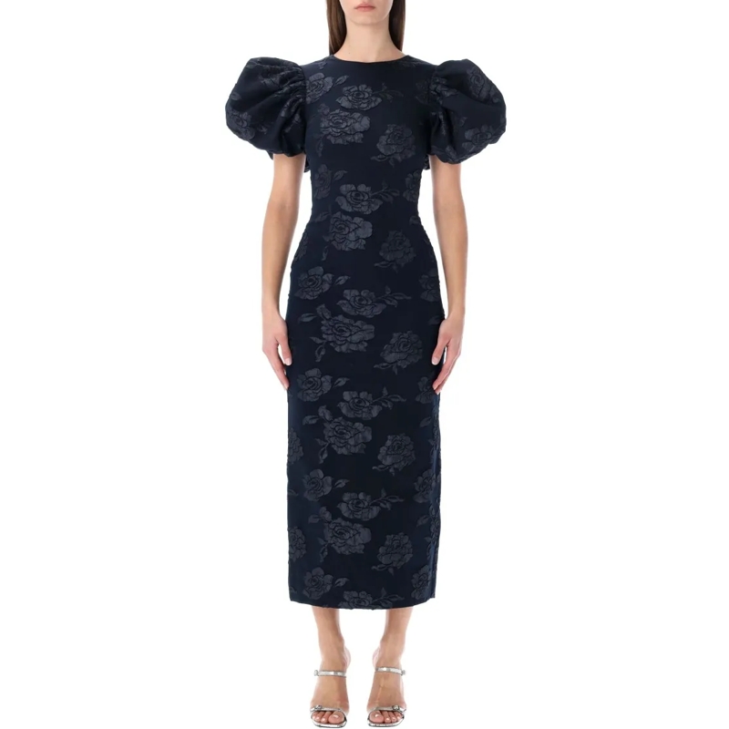 Rotate Midi-jurk Textured Jacquard Midi Dress With Puff Sleeves Black