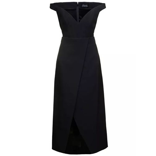 Solace London Black Midi Dress With Flared Skirt And Asymmetric  Black 