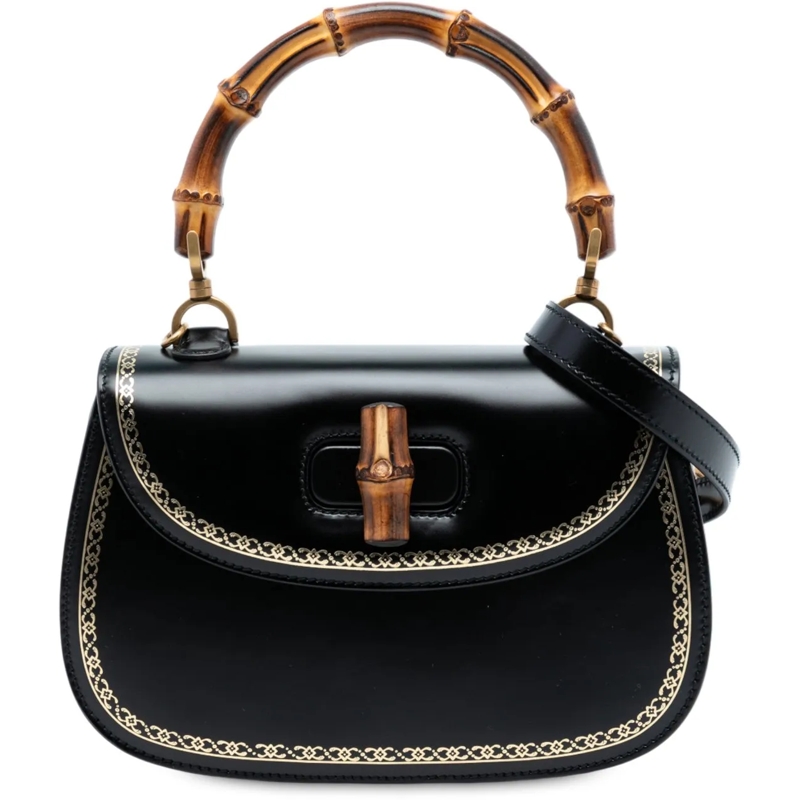Gucci Schultertasche Calfskin Frame Print Bamboo Top Handle Bag schwarz