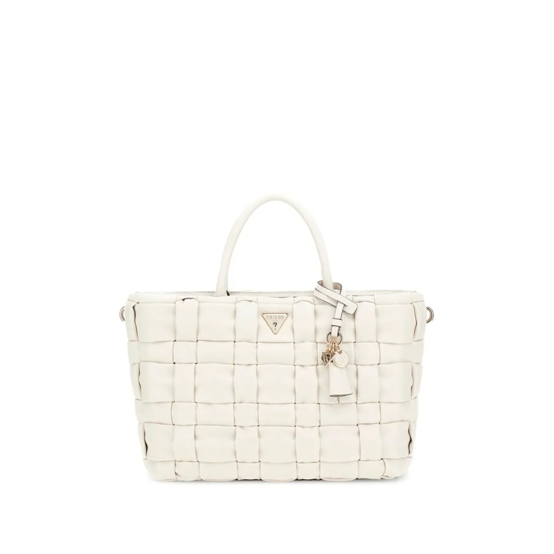 Guess Fourre-tout Woven Faux Leather Handbag With Gold-Tone Hardware White