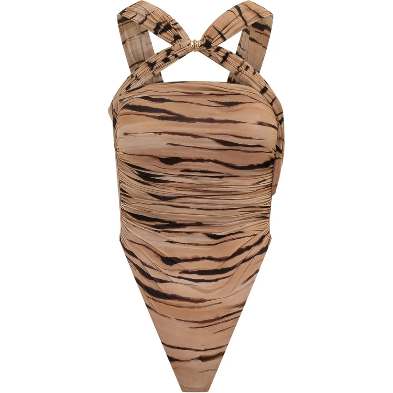 Elisabetta Franchi Body Body con Spalline Incrociate e Stampa beige