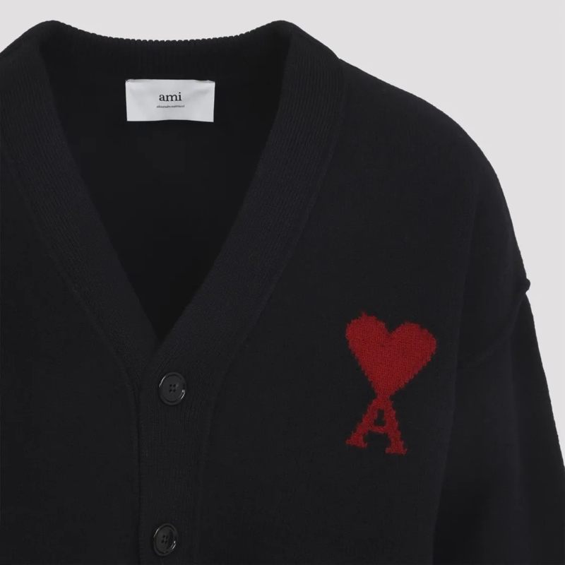 AMI Paris Strickjacke Heather Black Wool Cardigan With V-Neck And Signat Black(Image 9)