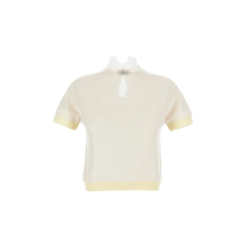 Barrie T-shirt Knitted Wool Top With Rhinestone Brooch Neutrals