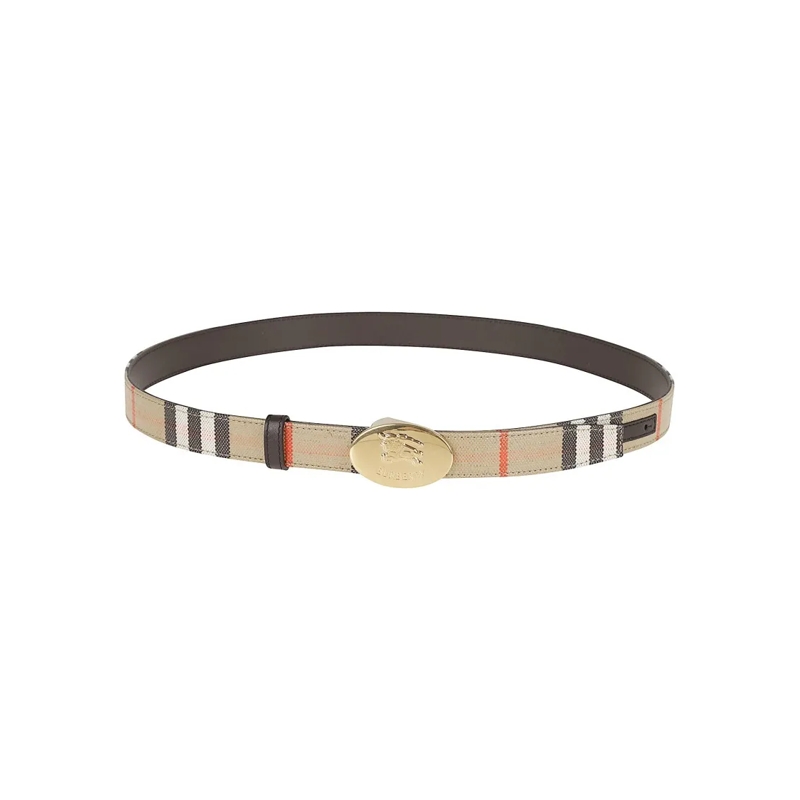 Burberry Riem Classic Check Pattern Belt With Polished Gold Buck Grey