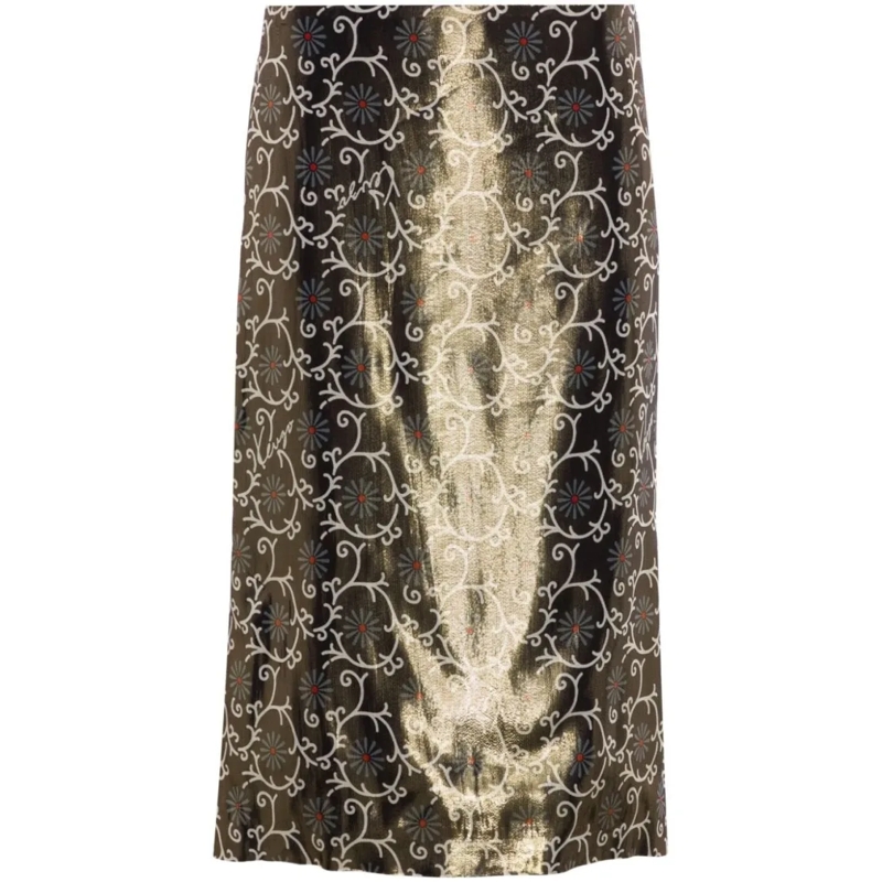 Kenzo Bleistiftrock Gold-Tone Lamé Floral Print Pencil Skirt Black
