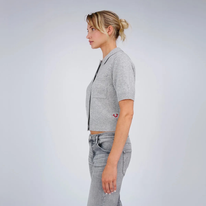 True Religion Strickjacke - Kurze Ärmel- Gerader Schnitt- Rippbündchen an  grau(Image 3)