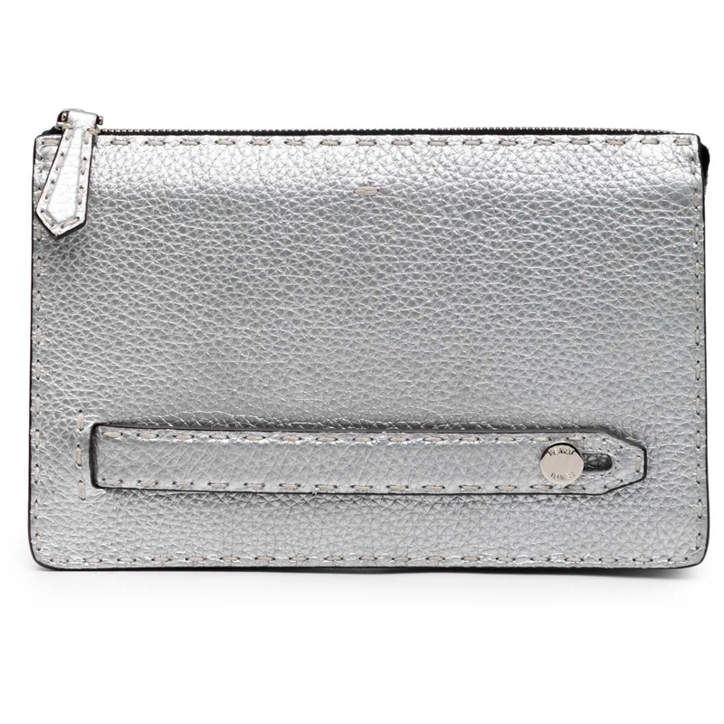 Fendi Pochette Metallic Leather Selleria Clutch silber